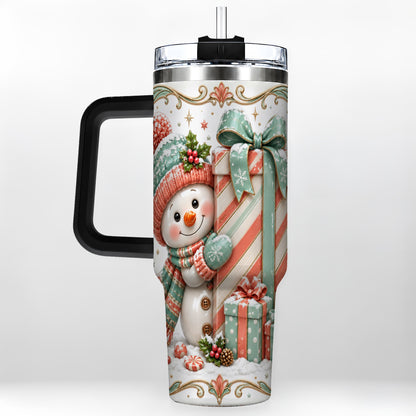 #pl[40oz|Black] Snowman Present 40oz Tumbler with Handle, Holiday Winter Travel Cup