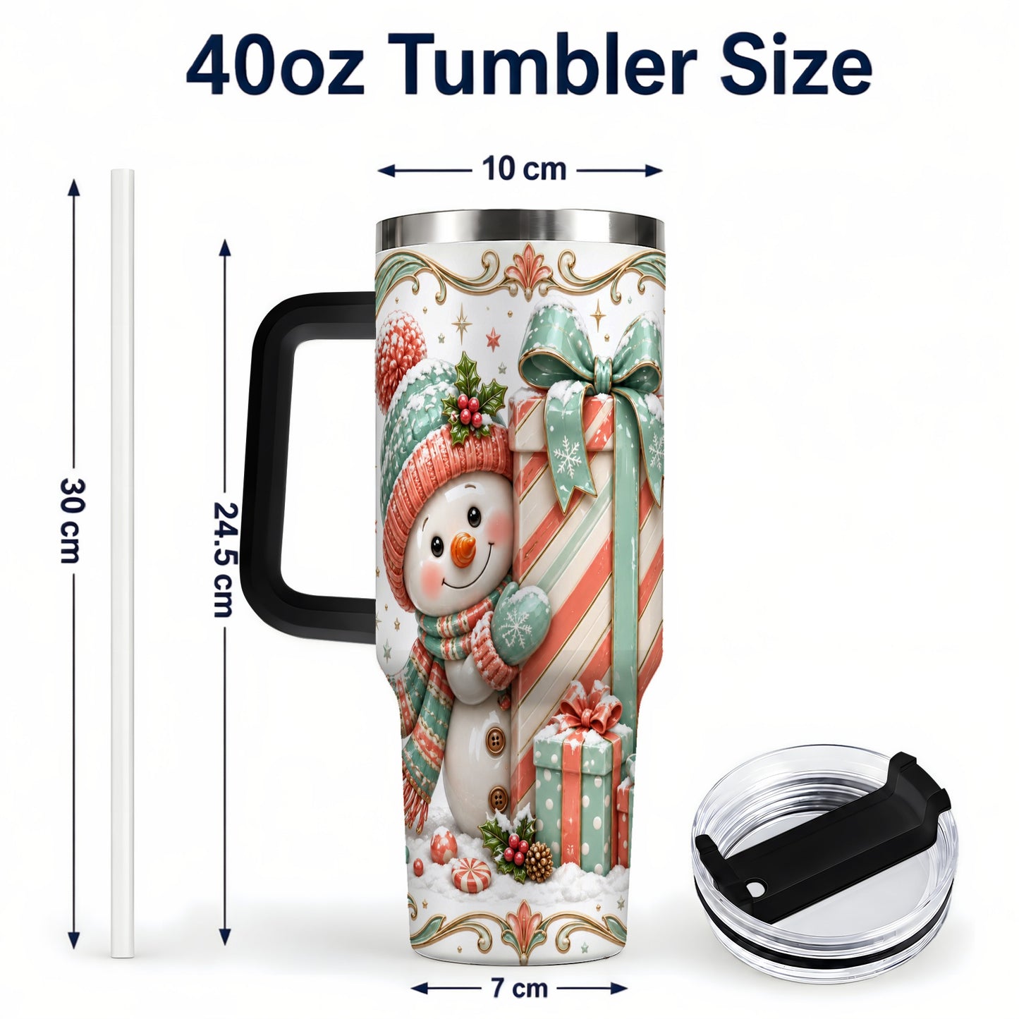 #pl[40oz|Black] Snowman Present 40oz Tumbler with Handle, Holiday Winter Travel Cup
