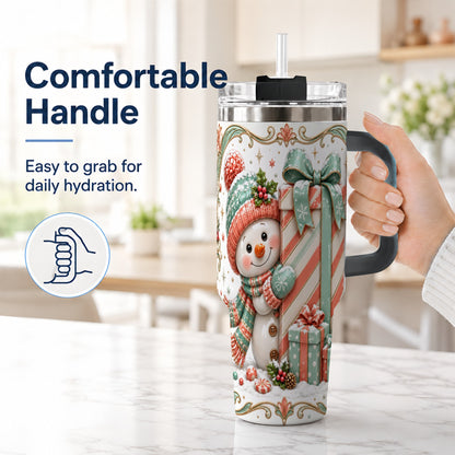 #pl[40oz|Black] Snowman Present 40oz Tumbler with Handle, Holiday Winter Travel Cup