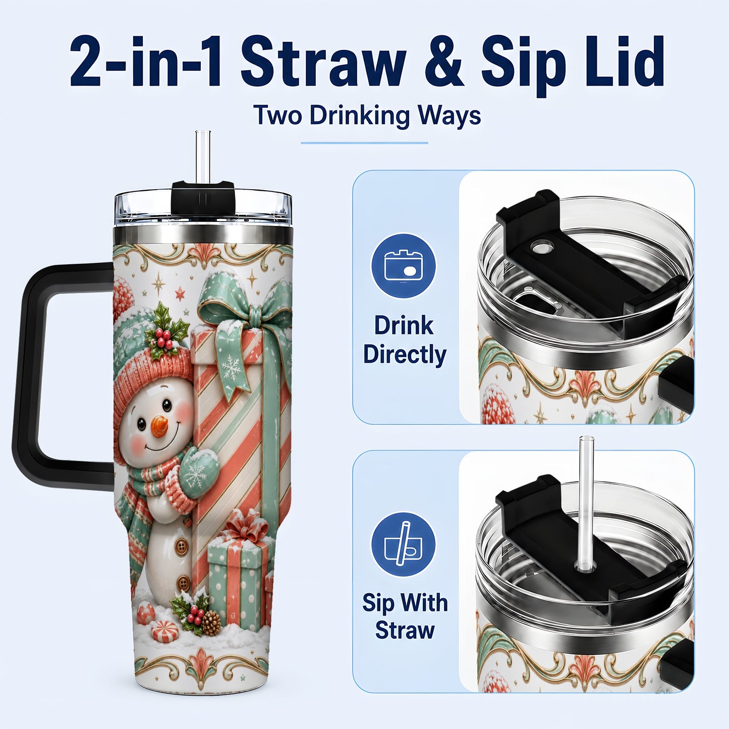 #pl[40oz|Black] Snowman Present 40oz Tumbler with Handle, Holiday Winter Travel Cup