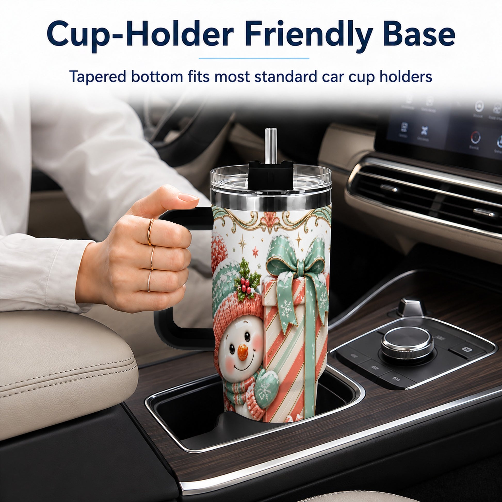 #pl[40oz|Black] Snowman Present 40oz Tumbler with Handle, Holiday Winter Travel Cup