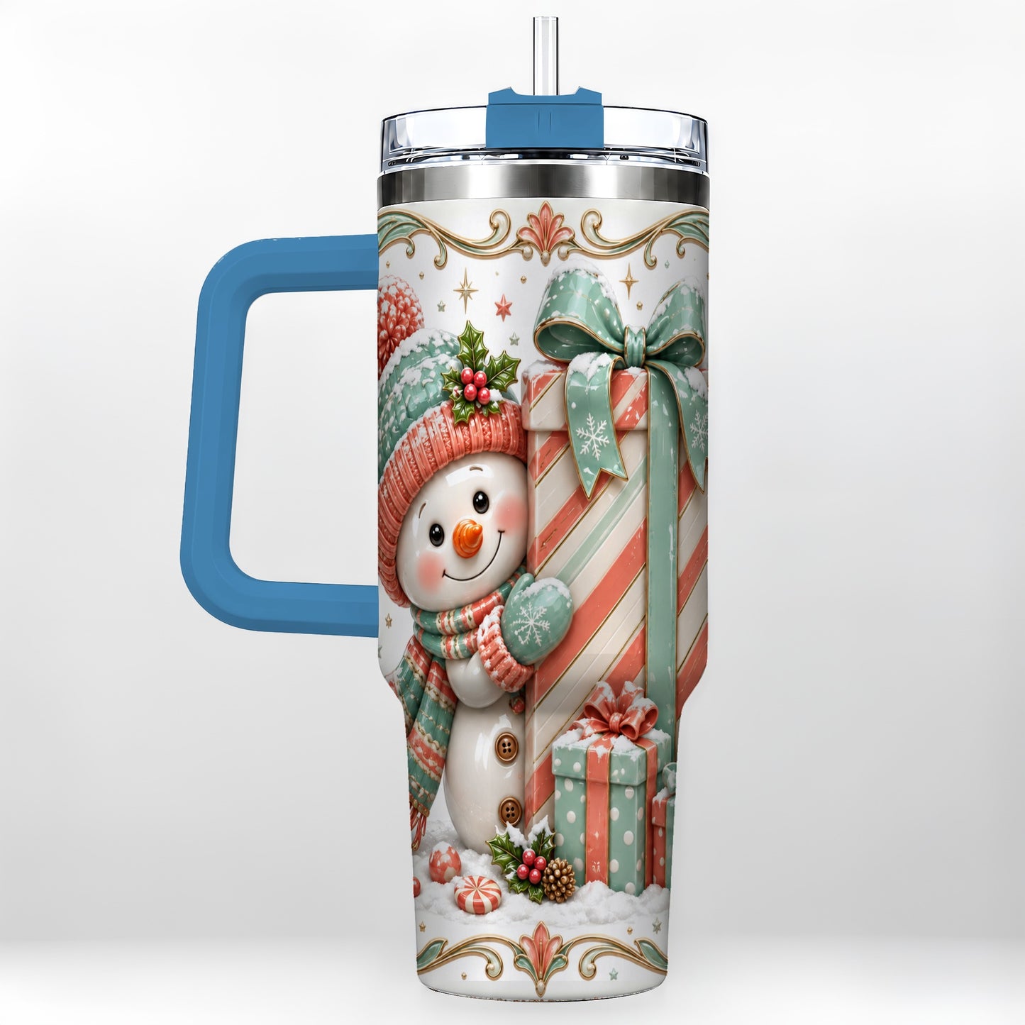 #pl[40oz|Blue] Snowman Present 40oz Tumbler with Handle, Holiday Winter Travel Cup