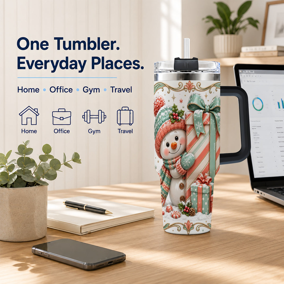#pl[40oz|Black] Snowman Present 40oz Tumbler with Handle, Holiday Winter Travel Cup