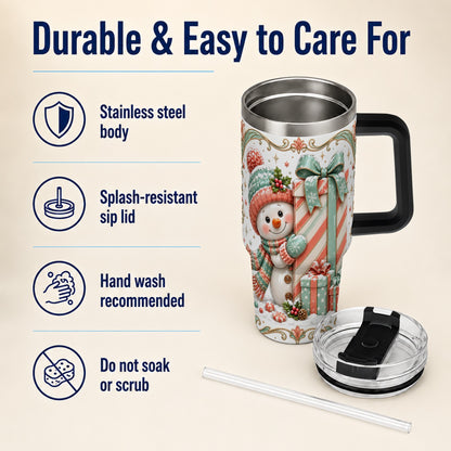 #pl[40oz|Black] Snowman Present 40oz Tumbler with Handle, Holiday Winter Travel Cup