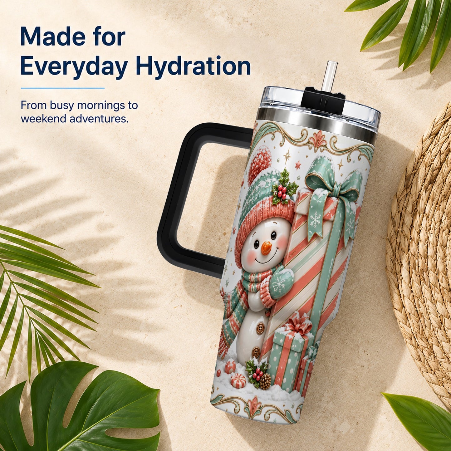 #pl[40oz|Black] Snowman Present 40oz Tumbler with Handle, Holiday Winter Travel Cup