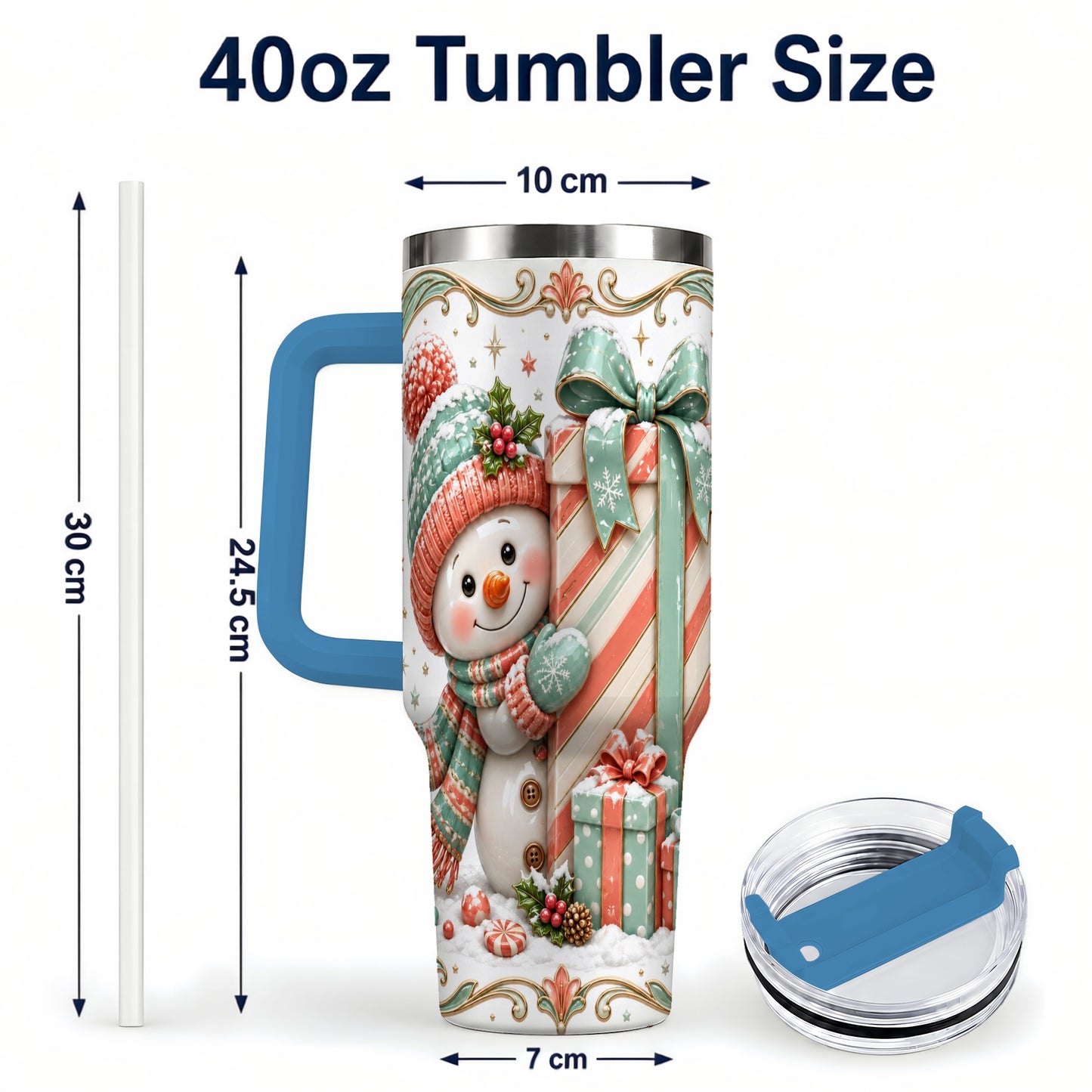 #pl[40oz|Blue] Snowman Present 40oz Tumbler with Handle, Holiday Winter Travel Cup