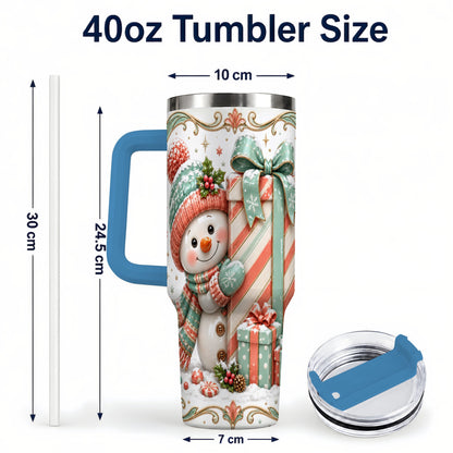 #pl[40oz|Blue] Snowman Present 40oz Tumbler with Handle, Holiday Winter Travel Cup