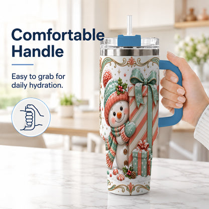 #pl[40oz|Blue] Snowman Present 40oz Tumbler with Handle, Holiday Winter Travel Cup