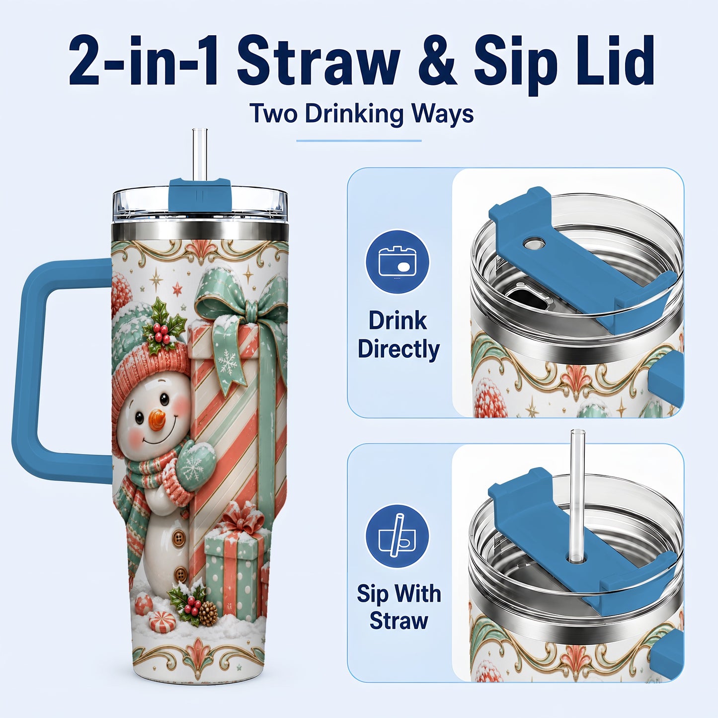 #pl[40oz|Blue] Snowman Present 40oz Tumbler with Handle, Holiday Winter Travel Cup