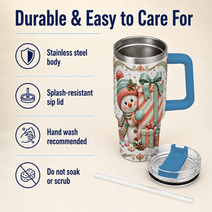 #pl[40oz|Blue] Snowman Present 40oz Tumbler with Handle, Holiday Winter Travel Cup