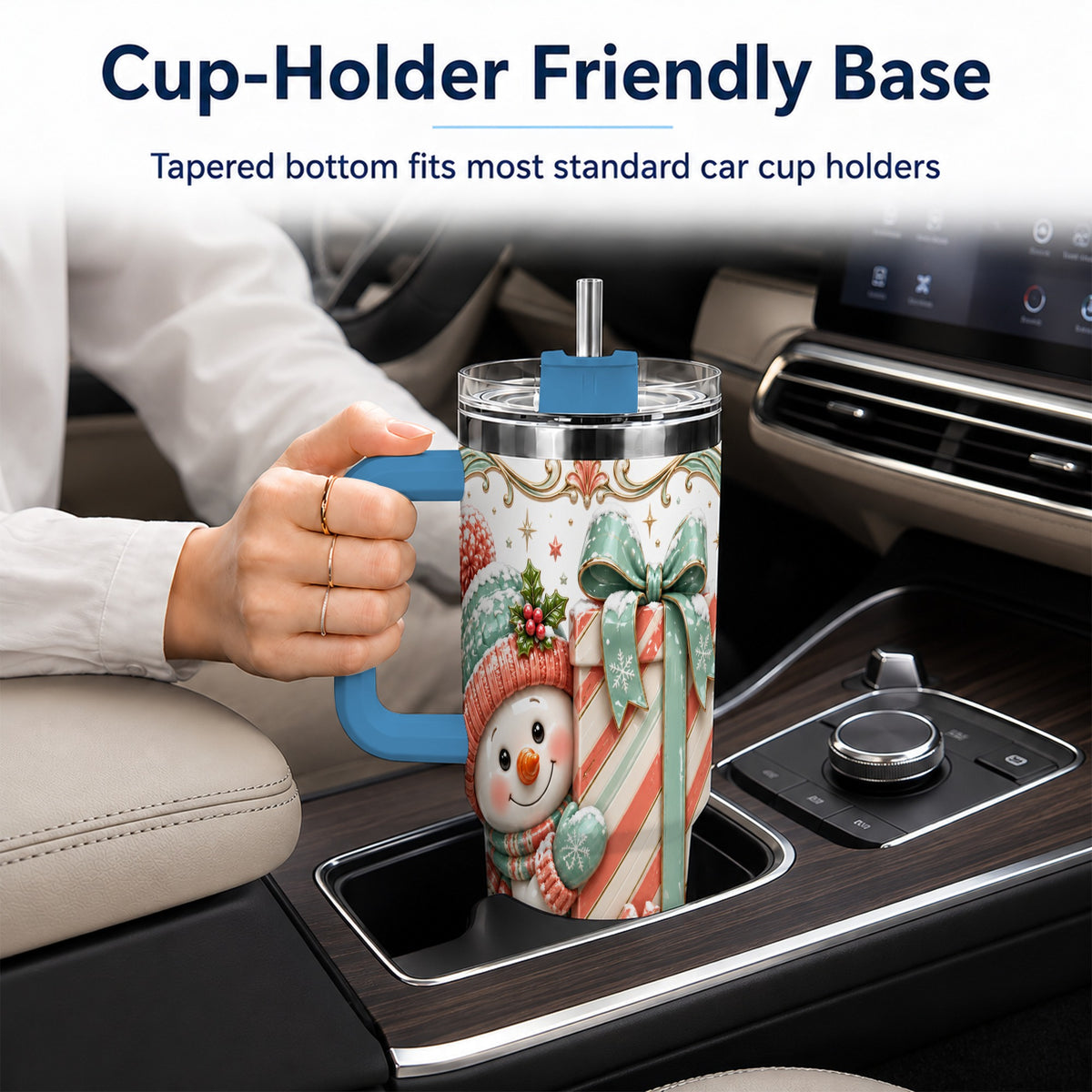 #pl[40oz|Blue] Snowman Present 40oz Tumbler with Handle, Holiday Winter Travel Cup