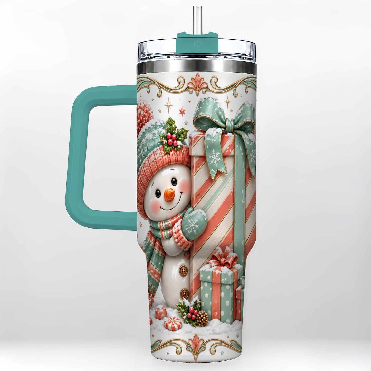 #pl[40oz|Green] Snowman Present 40oz Tumbler with Handle, Holiday Winter Travel Cup