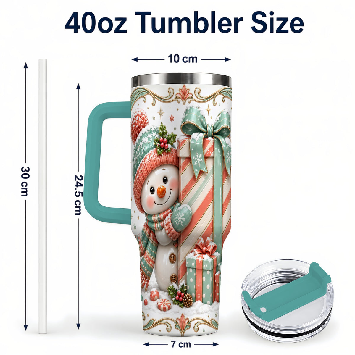 #pl[40oz|Green] Snowman Present 40oz Tumbler with Handle, Holiday Winter Travel Cup
