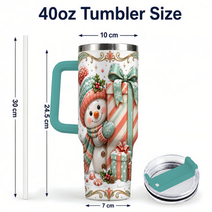 #pl[40oz|Green] Snowman Present 40oz Tumbler with Handle, Holiday Winter Travel Cup