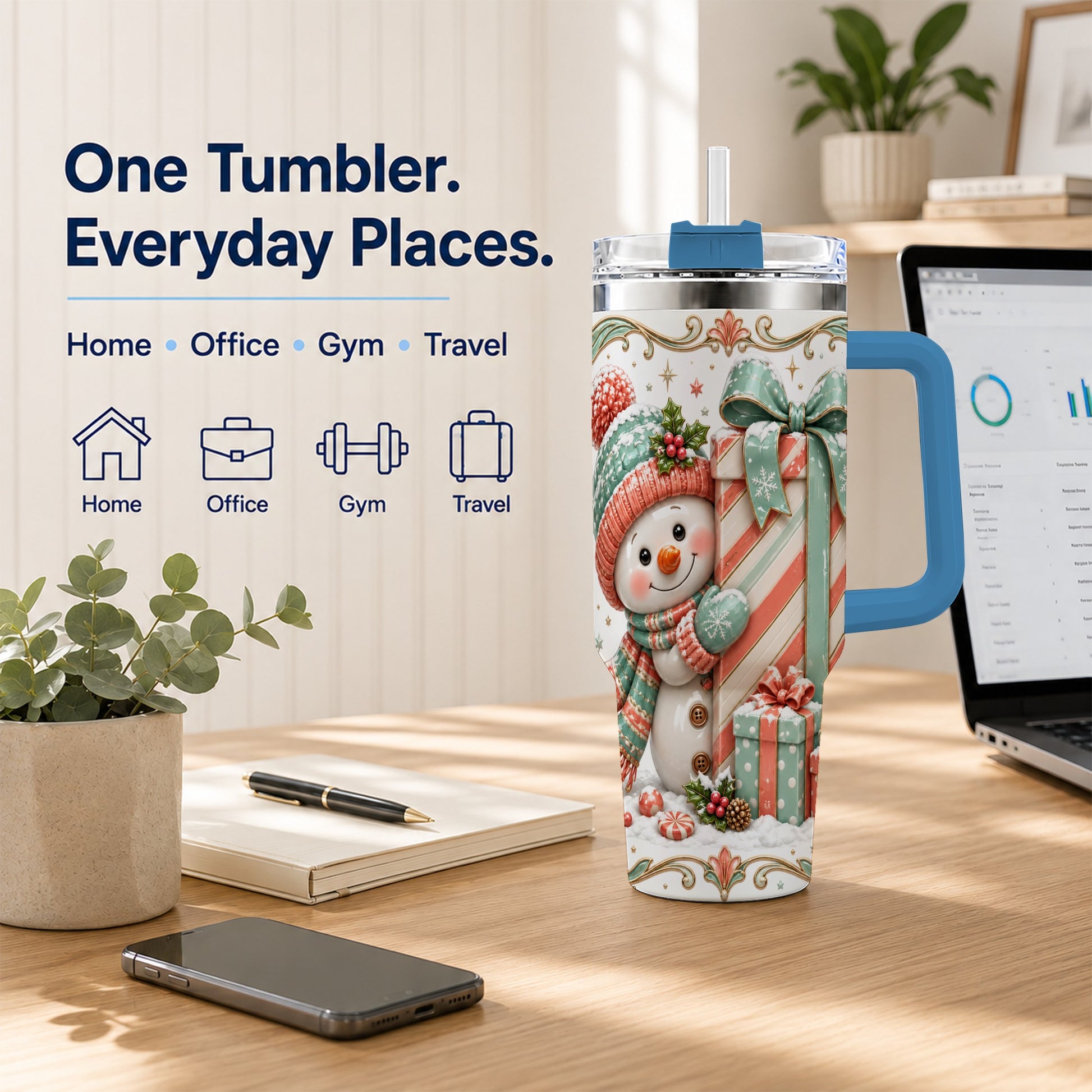 #pl[40oz|Blue] Snowman Present 40oz Tumbler with Handle, Holiday Winter Travel Cup