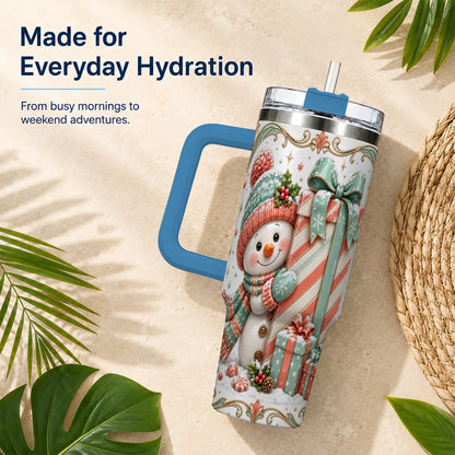 #pl[40oz|Blue] Snowman Present 40oz Tumbler with Handle, Holiday Winter Travel Cup