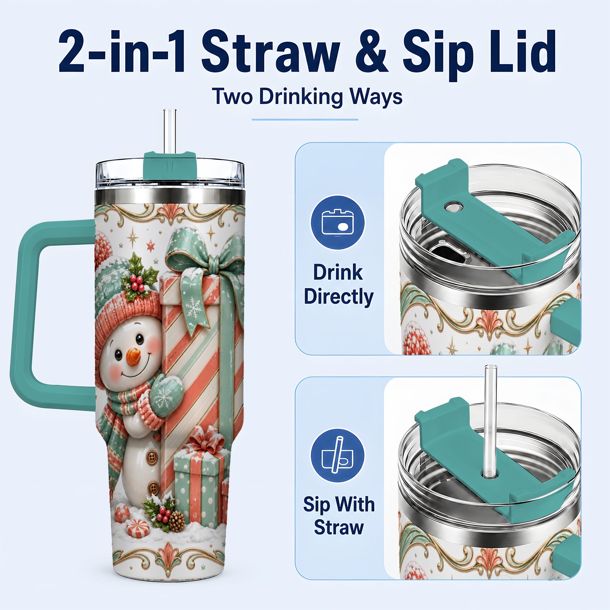 #pl[40oz|Green] Snowman Present 40oz Tumbler with Handle, Holiday Winter Travel Cup