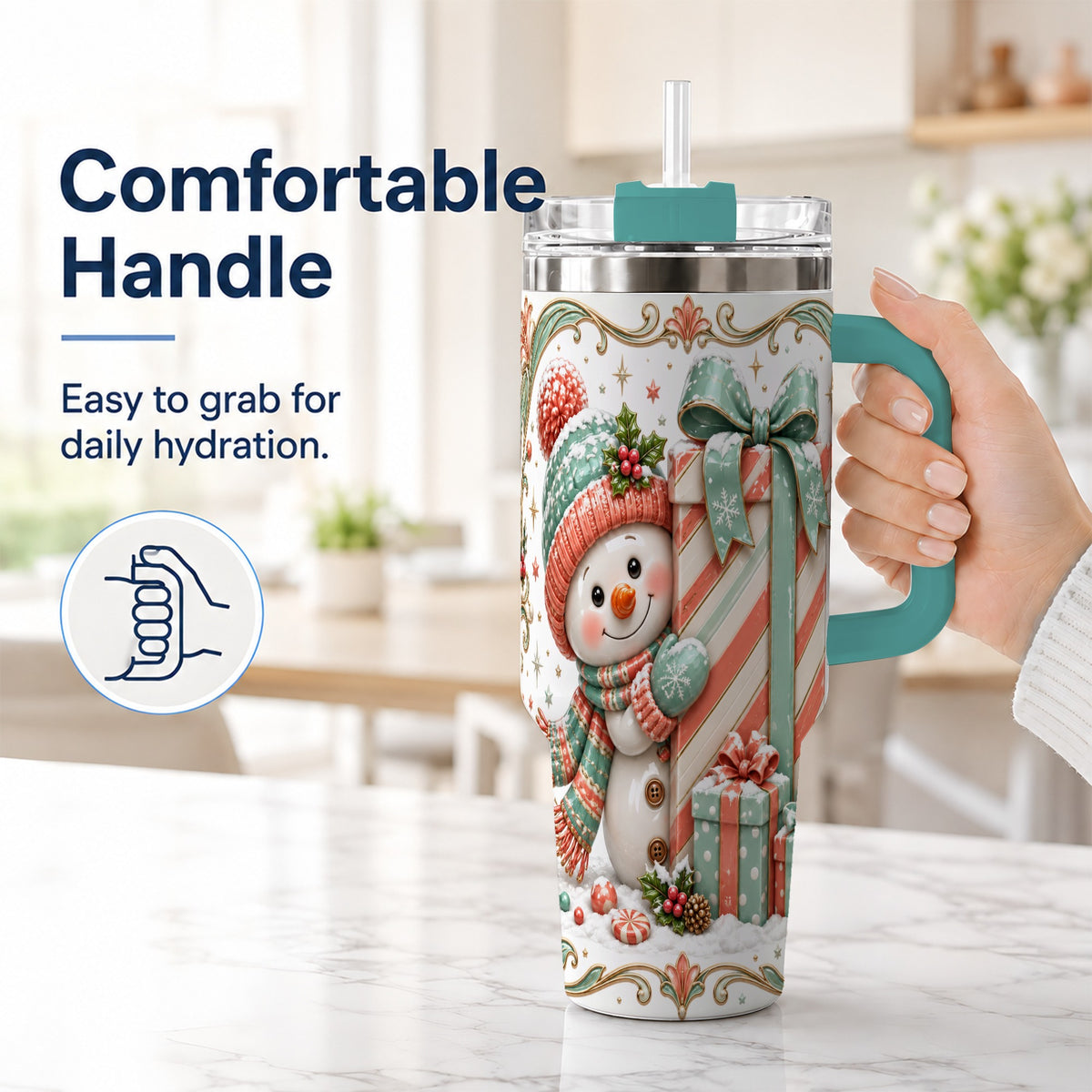 #pl[40oz|Green] Snowman Present 40oz Tumbler with Handle, Holiday Winter Travel Cup