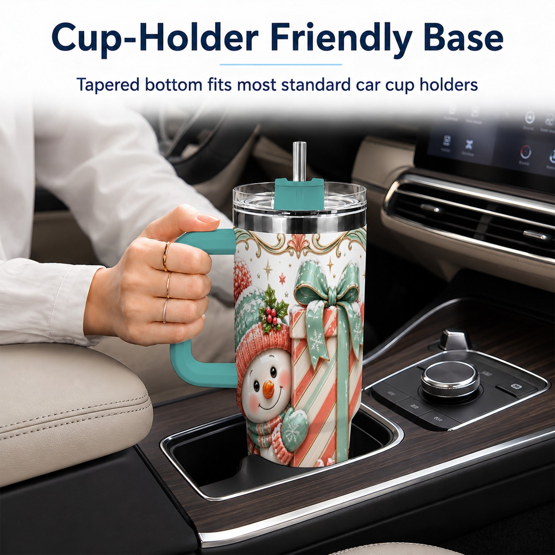 #pl[40oz|Green] Snowman Present 40oz Tumbler with Handle, Holiday Winter Travel Cup