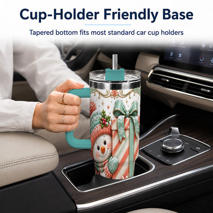 #pl[40oz|Green] Snowman Present 40oz Tumbler with Handle, Holiday Winter Travel Cup