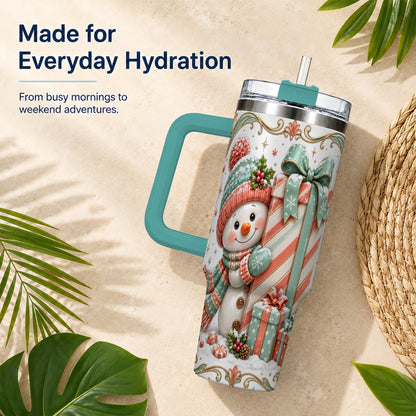 #pl[40oz|Green] Snowman Present 40oz Tumbler with Handle, Holiday Winter Travel Cup