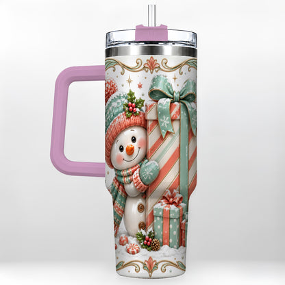#pl[40oz|Pink] Snowman Present 40oz Tumbler with Handle, Holiday Winter Travel Cup