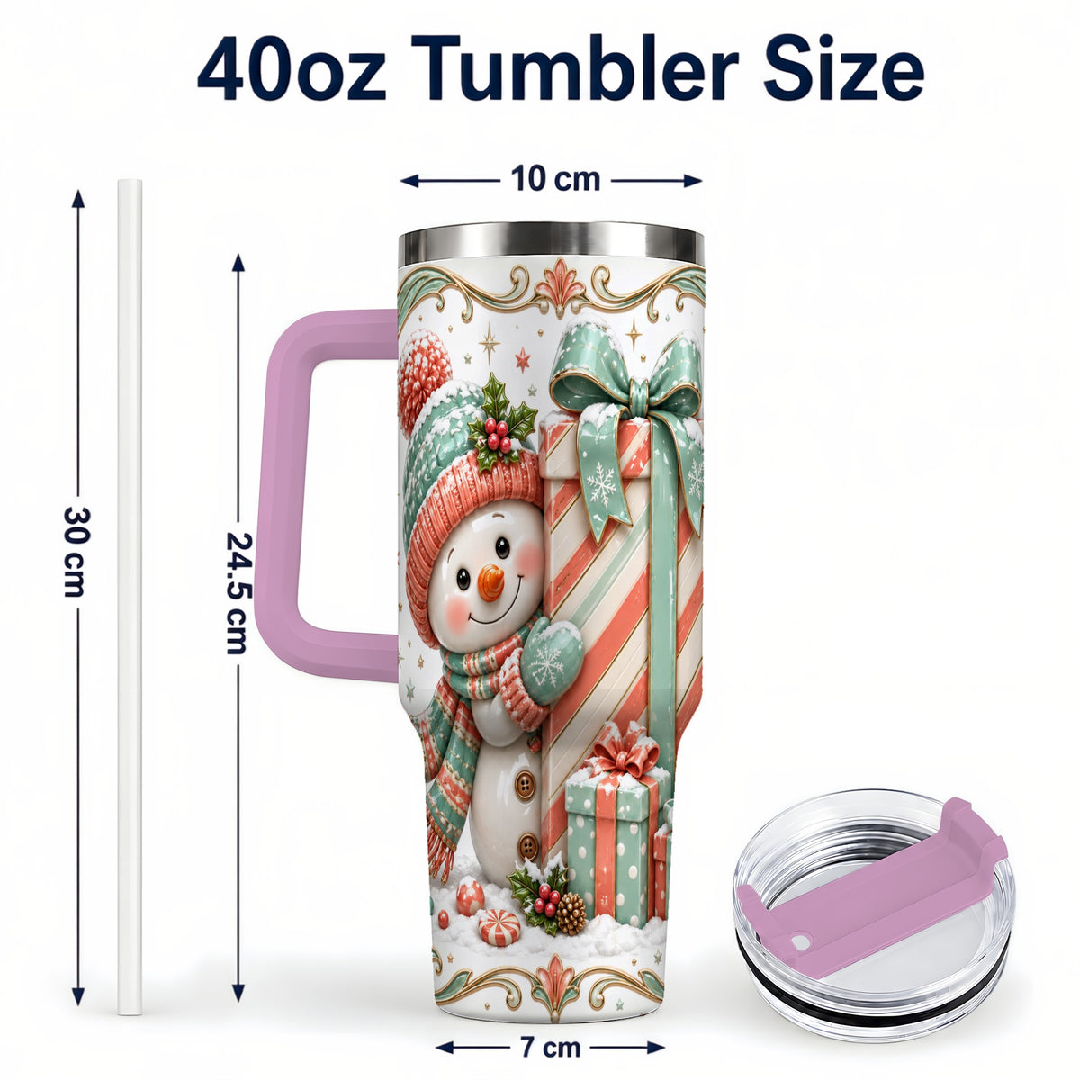 #pl[40oz|Pink] Snowman Present 40oz Tumbler with Handle, Holiday Winter Travel Cup