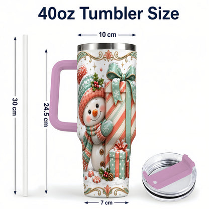 #pl[40oz|Pink] Snowman Present 40oz Tumbler with Handle, Holiday Winter Travel Cup
