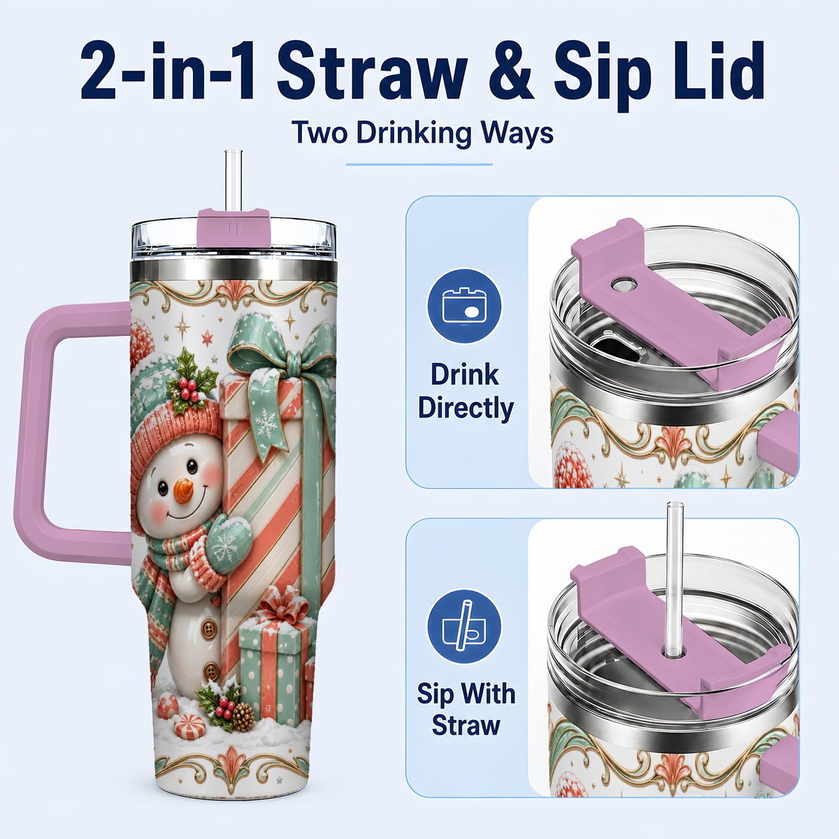 #pl[40oz|Pink] Snowman Present 40oz Tumbler with Handle, Holiday Winter Travel Cup