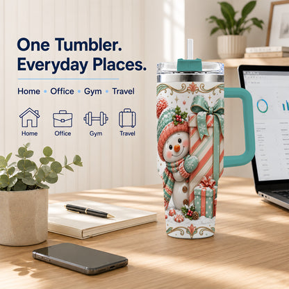 #pl[40oz|Green] Snowman Present 40oz Tumbler with Handle, Holiday Winter Travel Cup