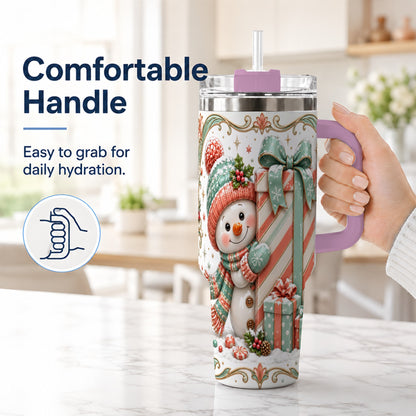 #pl[40oz|Pink] Snowman Present 40oz Tumbler with Handle, Holiday Winter Travel Cup