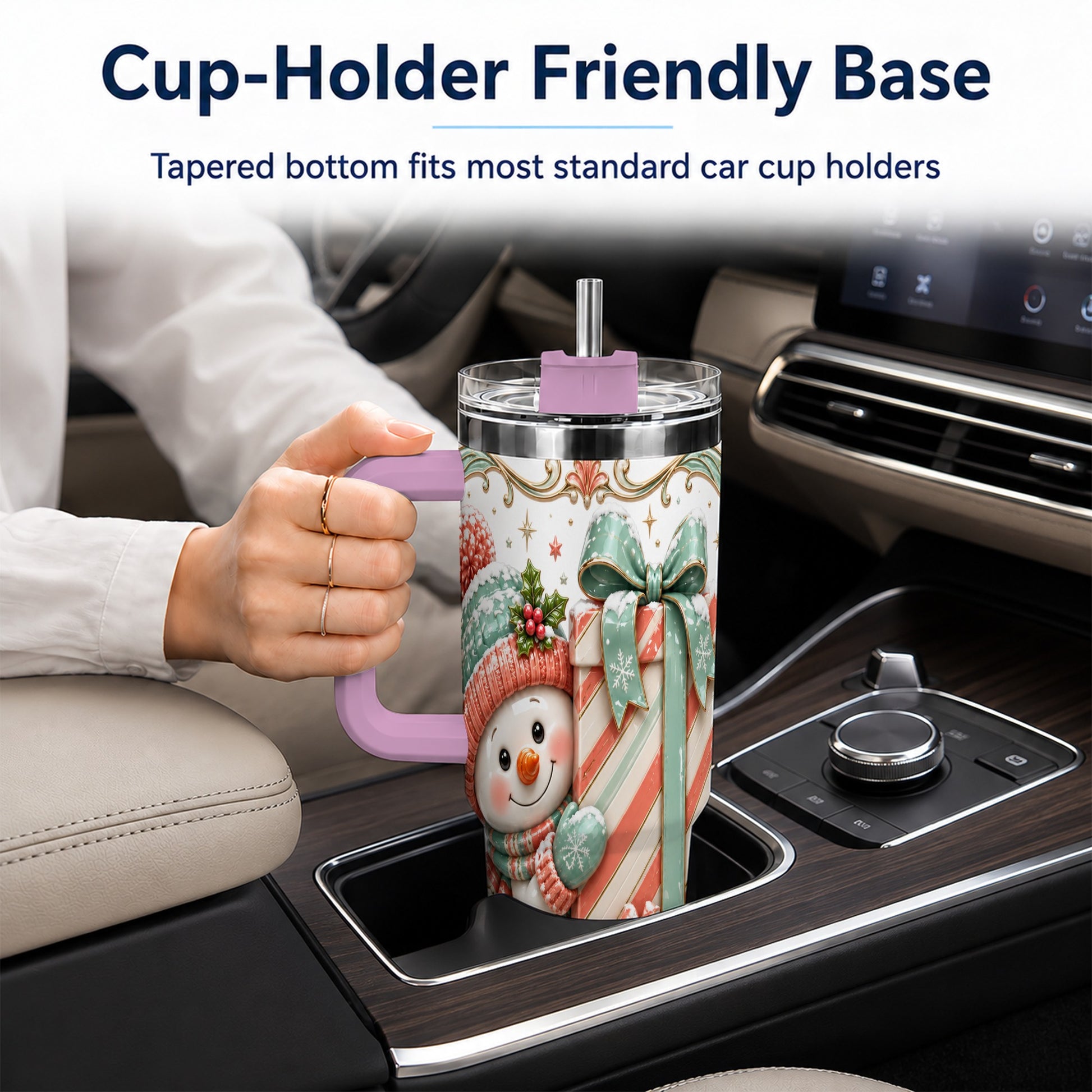 #pl[40oz|Pink] Snowman Present 40oz Tumbler with Handle, Holiday Winter Travel Cup