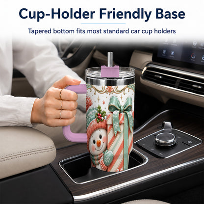 #pl[40oz|Pink] Snowman Present 40oz Tumbler with Handle, Holiday Winter Travel Cup