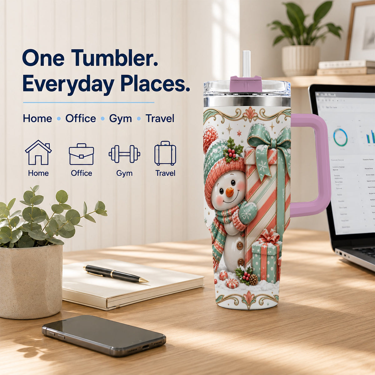 #pl[40oz|Pink] Snowman Present 40oz Tumbler with Handle, Holiday Winter Travel Cup