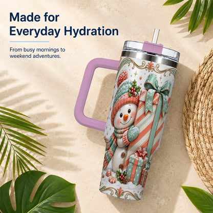 #pl[40oz|Pink] Snowman Present 40oz Tumbler with Handle, Holiday Winter Travel Cup