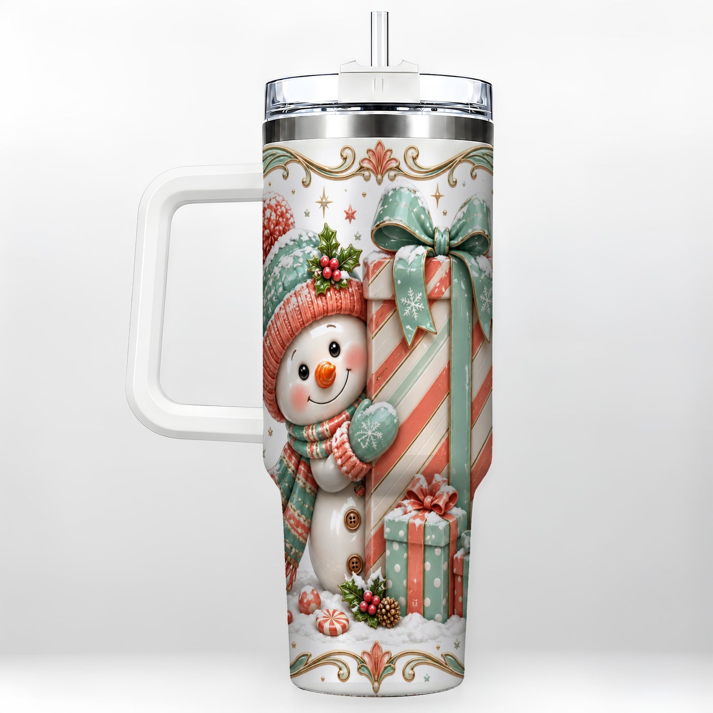 Snowman Present 40oz Tumbler with Handle, Holiday Winter Travel Cup