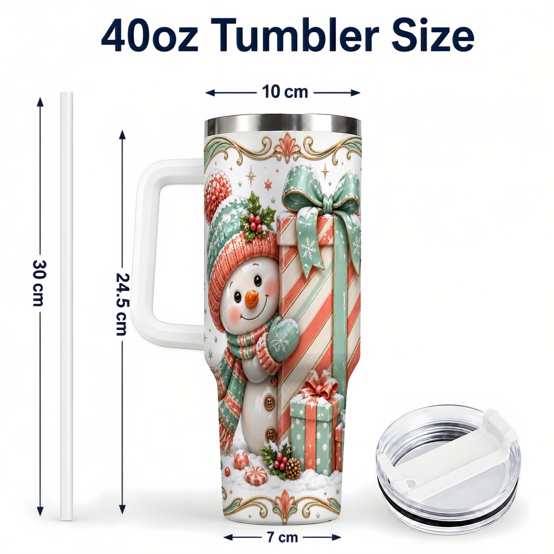 #pl[40oz|White] Snowman Present 40oz Tumbler with Handle, Holiday Winter Travel Cup