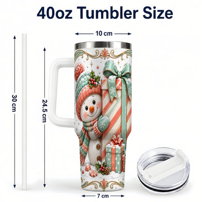 #pl[40oz|White] Snowman Present 40oz Tumbler with Handle, Holiday Winter Travel Cup