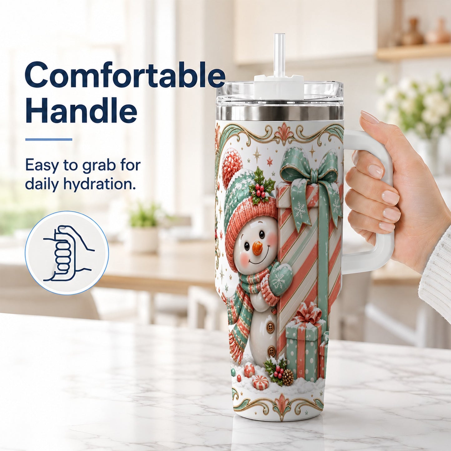#pl[40oz|White] Snowman Present 40oz Tumbler with Handle, Holiday Winter Travel Cup