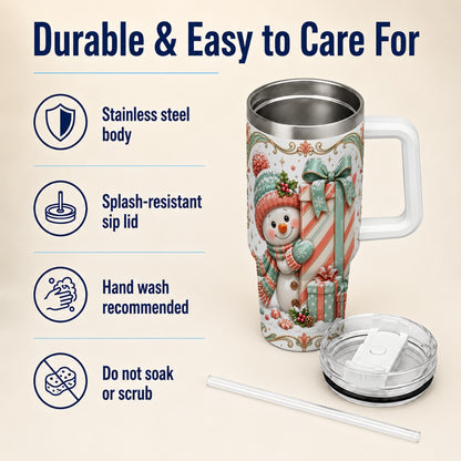 #pl[40oz|White] Snowman Present 40oz Tumbler with Handle, Holiday Winter Travel Cup