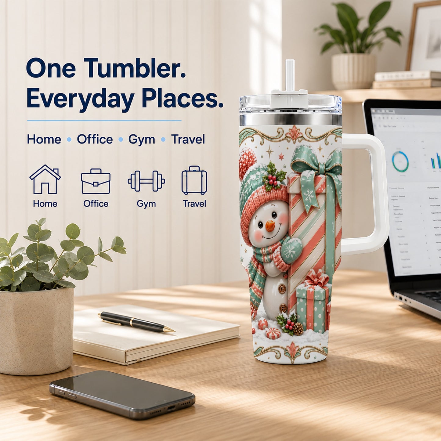 #pl[40oz|White] Snowman Present 40oz Tumbler with Handle, Holiday Winter Travel Cup