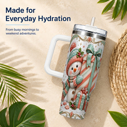 #pl[40oz|White] Snowman Present 40oz Tumbler with Handle, Holiday Winter Travel Cup