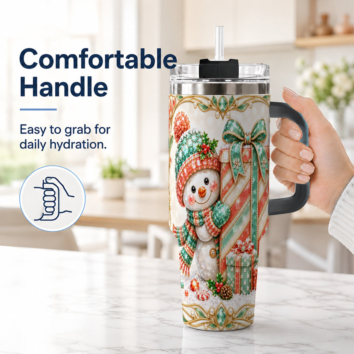 #pl[40oz|Black] Snowman Present Tumbler 40oz, Holiday Tumbler, Stainless Steel Travel Cup