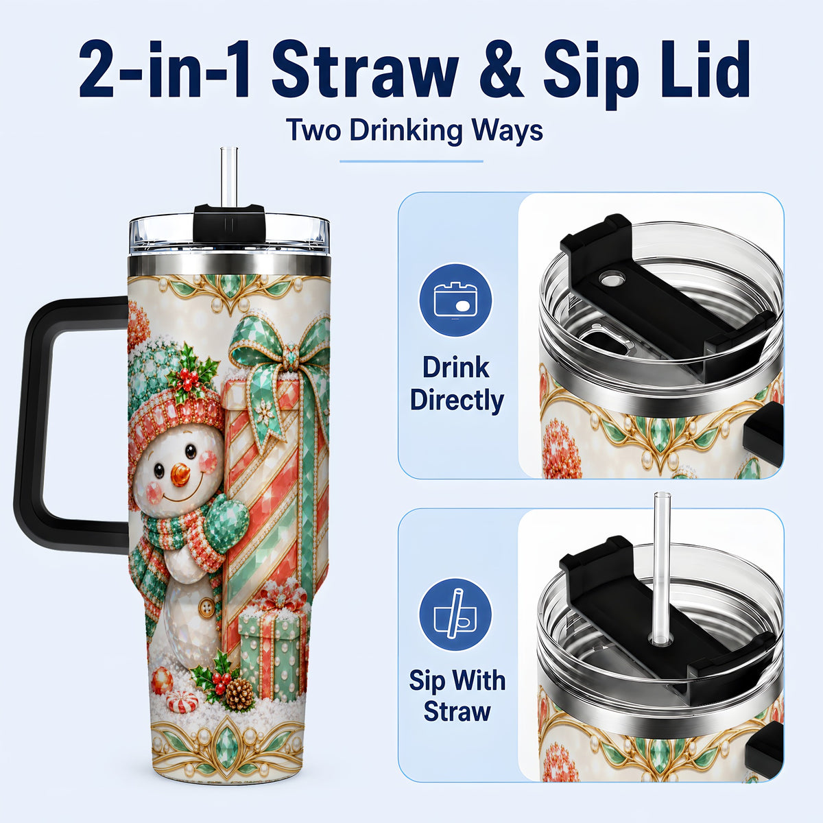 #pl[40oz|Black] Snowman Present Tumbler 40oz, Holiday Tumbler, Stainless Steel Travel Cup
