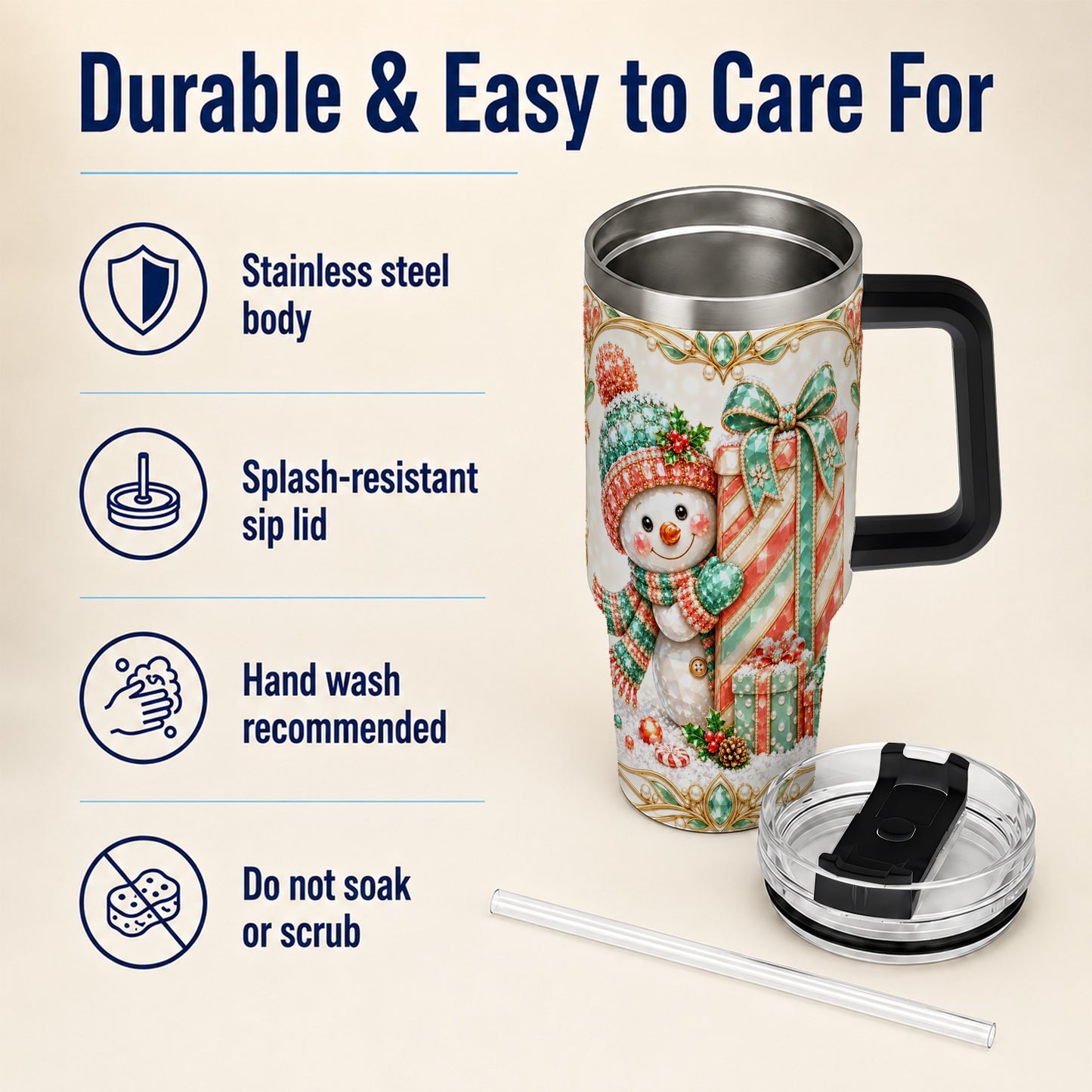 #pl[40oz|Black] Snowman Present Tumbler 40oz, Holiday Tumbler, Stainless Steel Travel Cup