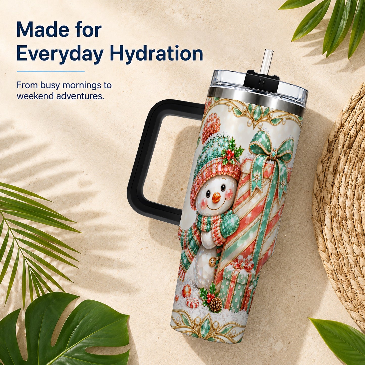#pl[40oz|Black] Snowman Present Tumbler 40oz, Holiday Tumbler, Stainless Steel Travel Cup