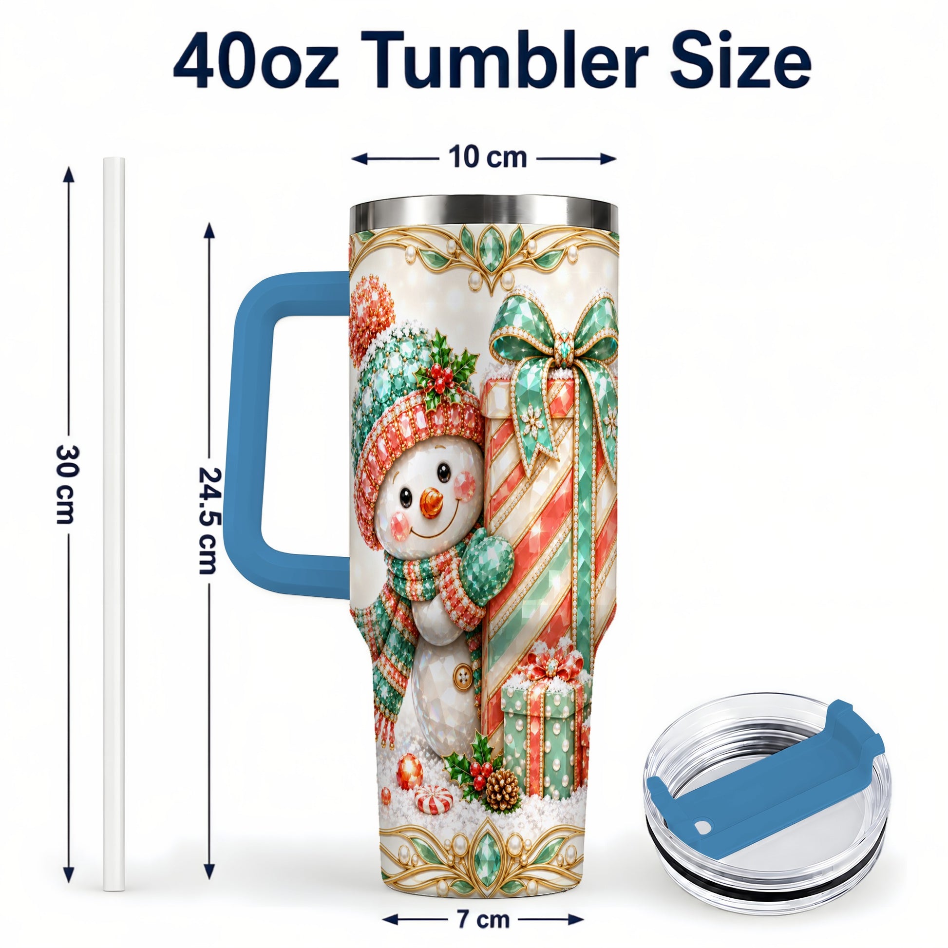 #pl[40oz|Blue] Snowman Present Tumbler 40oz, Holiday Tumbler, Stainless Steel Travel Cup