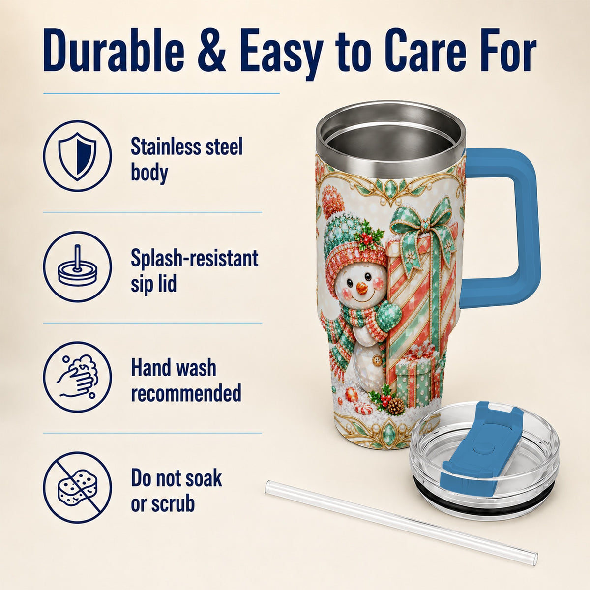 #pl[40oz|Blue] Snowman Present Tumbler 40oz, Holiday Tumbler, Stainless Steel Travel Cup