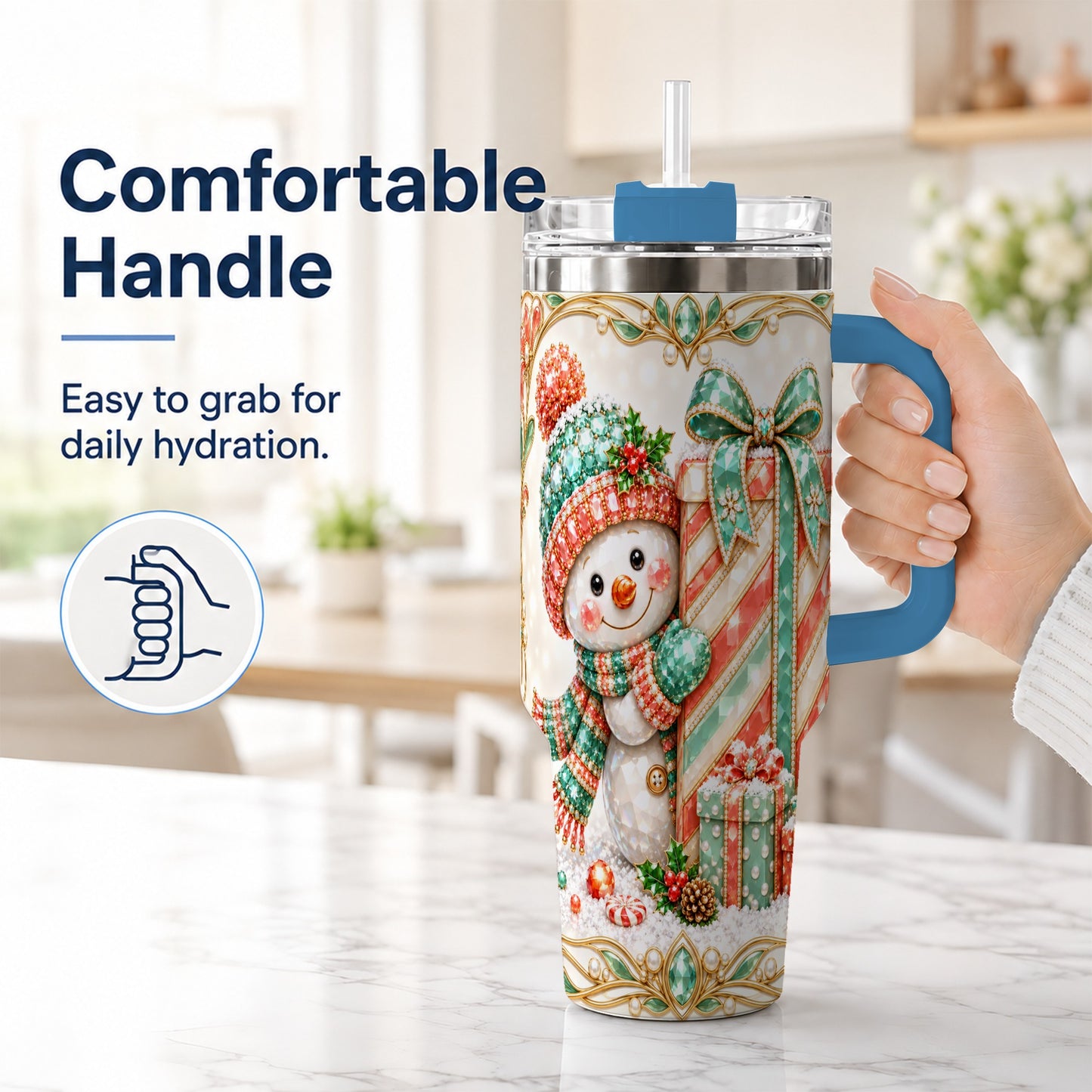 #pl[40oz|Blue] Snowman Present Tumbler 40oz, Holiday Tumbler, Stainless Steel Travel Cup
