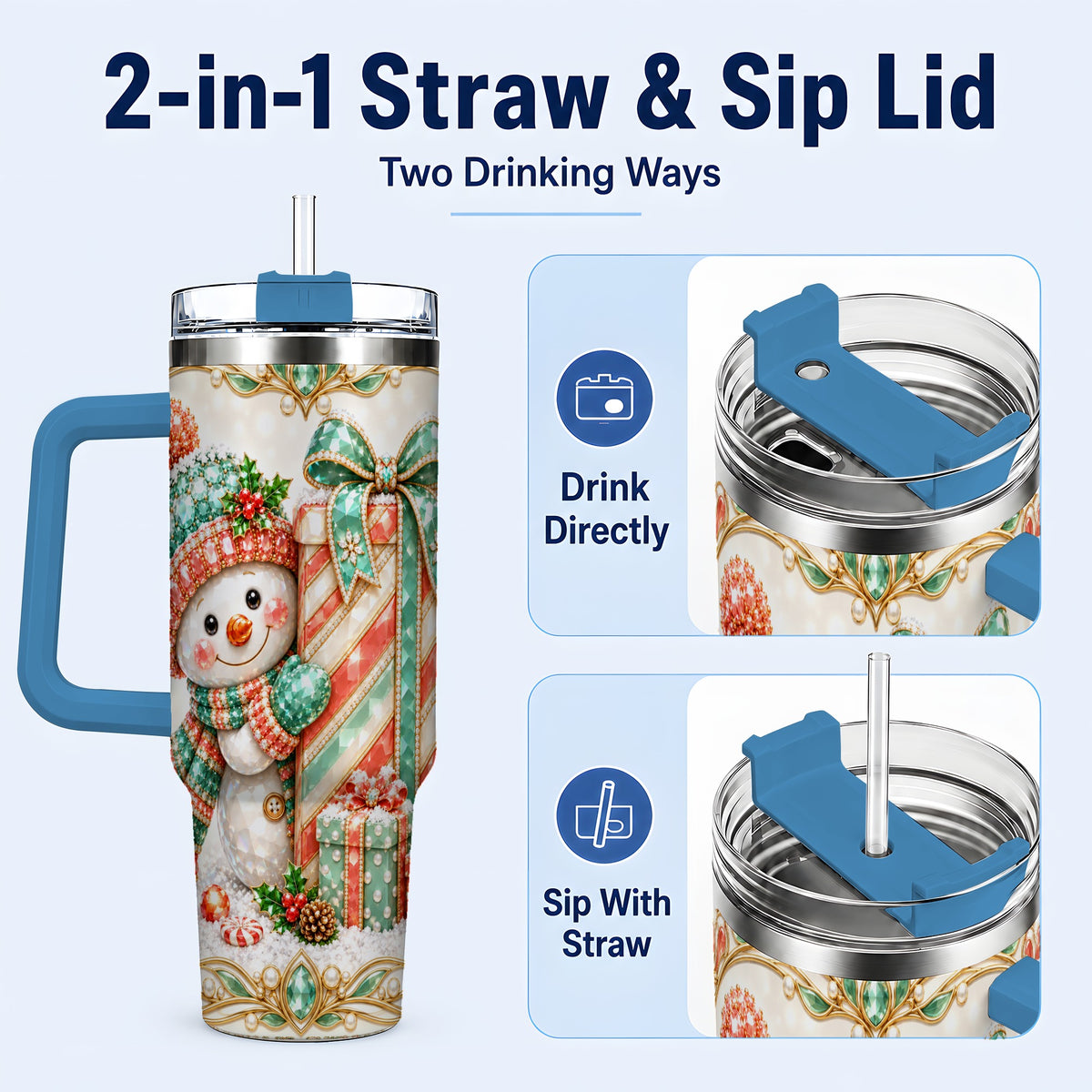 #pl[40oz|Blue] Snowman Present Tumbler 40oz, Holiday Tumbler, Stainless Steel Travel Cup